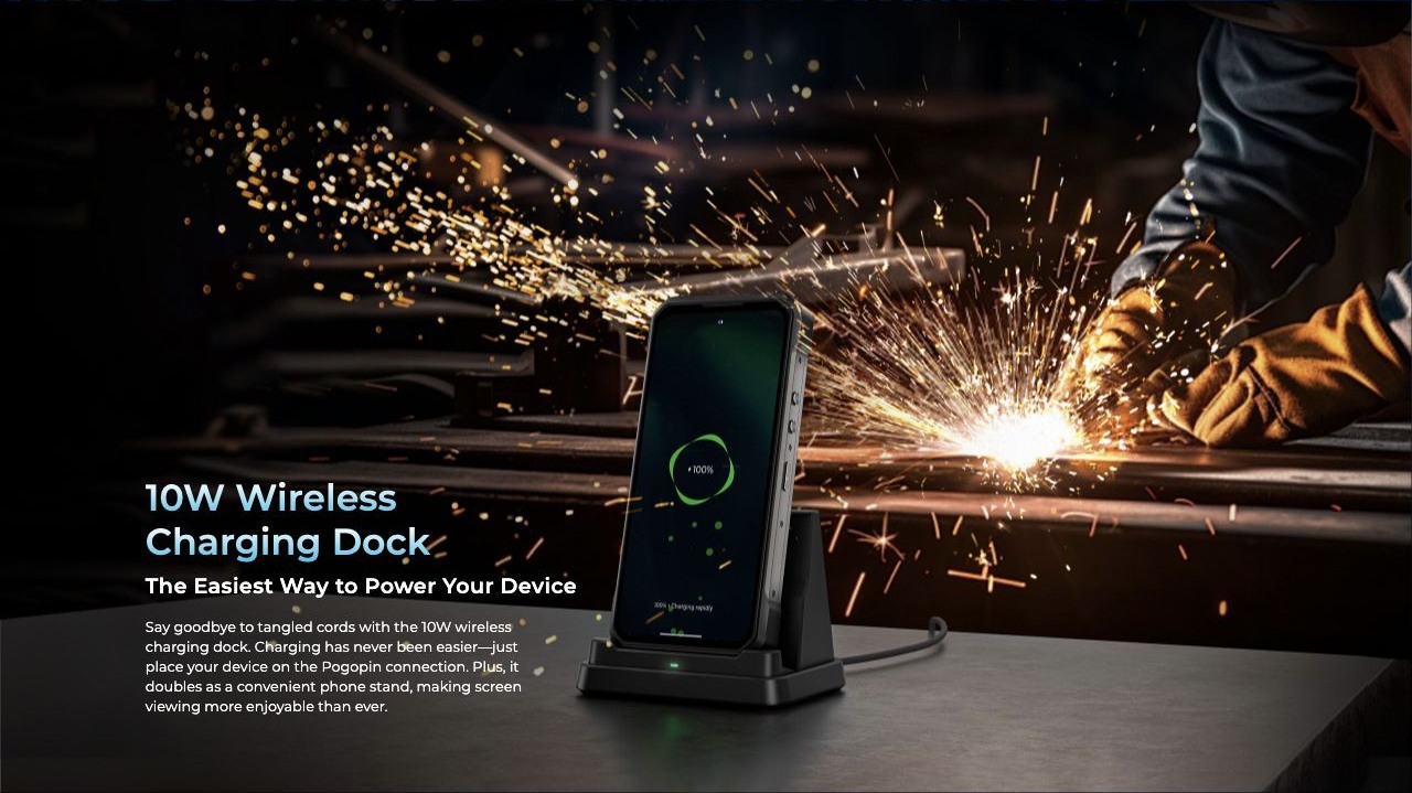 OUKITEL WP61 Rugged Phones – 10W Wireless Charging Dock The Easiest Way to Power Your Device Say goodbye to tangled cords with the 10W wireless charging dock. Charging has never been easier—just place your device on the Pogopin connection. Plus, it doubles a