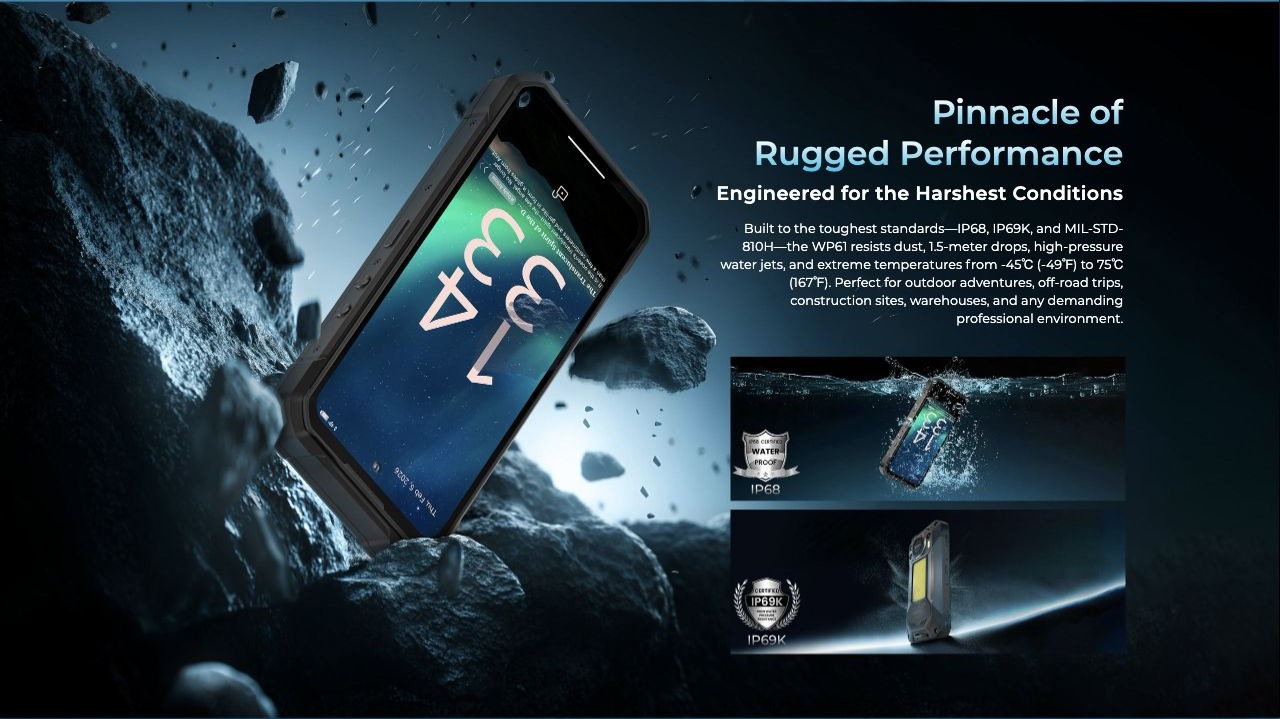 OUKITEL WP61 Rugged Phones – Pinnacle of Rugged Performance Engineered for the Harshest Conditions Built to the toughest standards—IP68, IP69K, and MIL-STD-810H—the WP61 resists dust, 1.5-meter drops, high-pressure water jets, and extreme temperatures from -