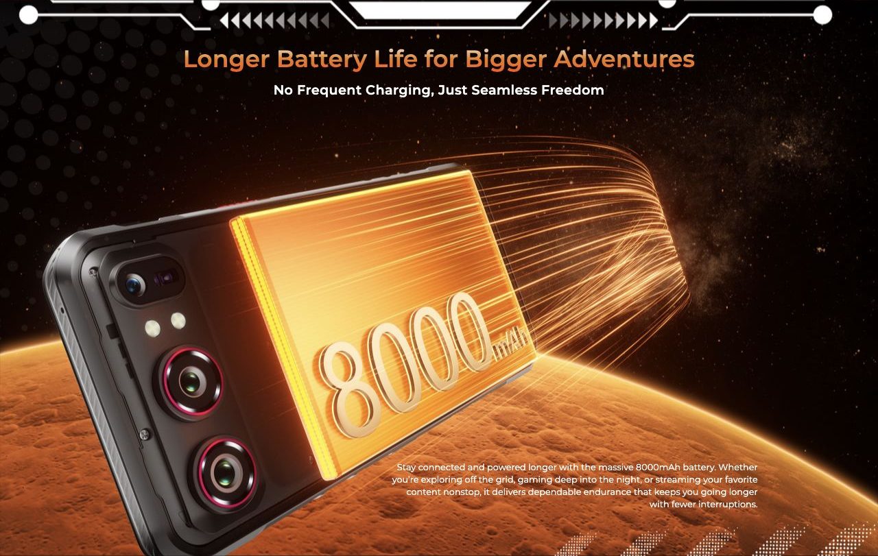 OUKITEL WP68 Air Rugged Phones – Longer Battery Life for Bigger Adventures No Frequent Charging, Just Seamless Freedom Stay connected and powered longer with the massive 8000mAh battery. Whether you’re exploring off the grid, gaming deep into the night, or s
