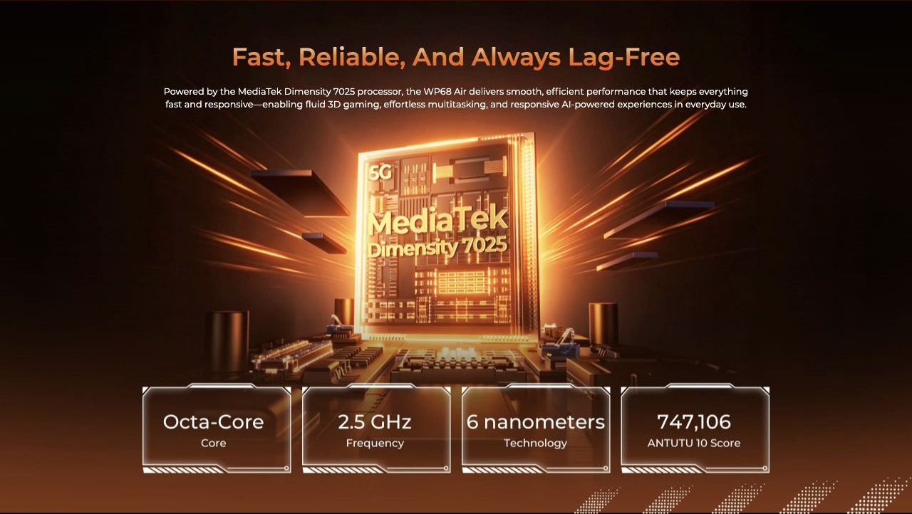 OUKITEL WP68 Air Rugged Phones – Fast, Reliable, And Always Lag-Free Powered by the MediaTek Dimensity 7025 processor, the WP68 Air delivers smooth, efficient performance that keeps everything fast and responsive—enabling fluid 3D gaming, effortless multitask