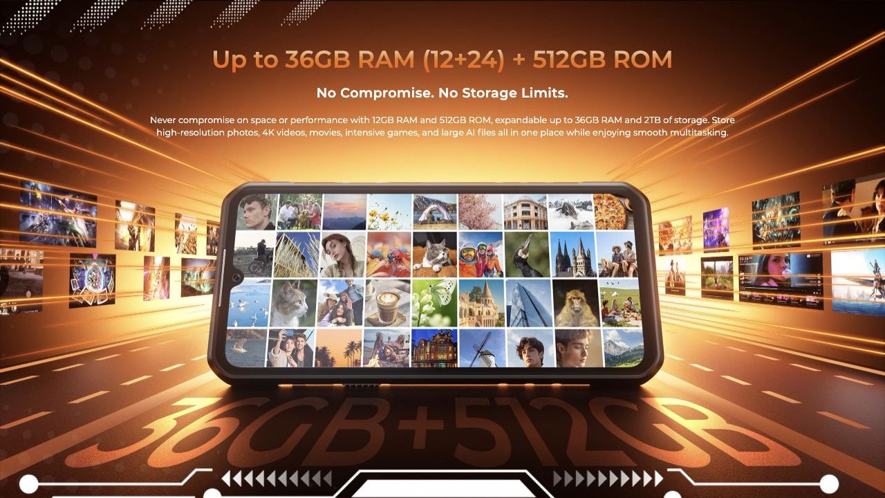 OUKITEL WP68 Air Rugged Phones – Up to 36GB RAM (12+24) + 512GB ROM No Compromise. No Storage Limits. Never compromise on space or performance with 12GB RAM and 512GB ROM, expandable up to 36GB RAM and 2TB of storage. Store high-resolution photos, 4K videos,