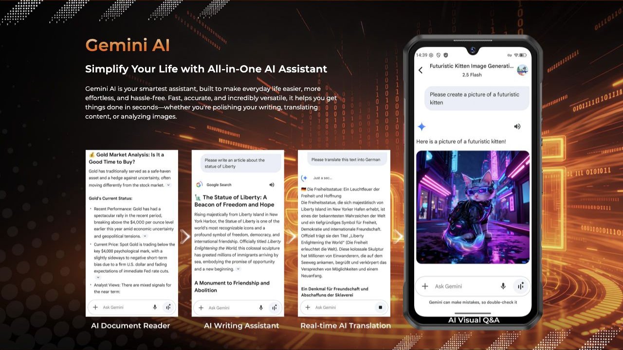 OUKITEL WP68 Air Rugged Phones – Gemini AI Simplify Your Life with All-in-One AI Assistant Gemini AI is your smartest assistant, built to make everyday life easier, more effortless, and hassle-free. Fast, accurate, and incredibly versatile, it helps you get