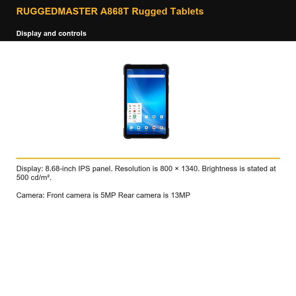 RUGGEDMASTER A868T Rugged Tablets display and controls