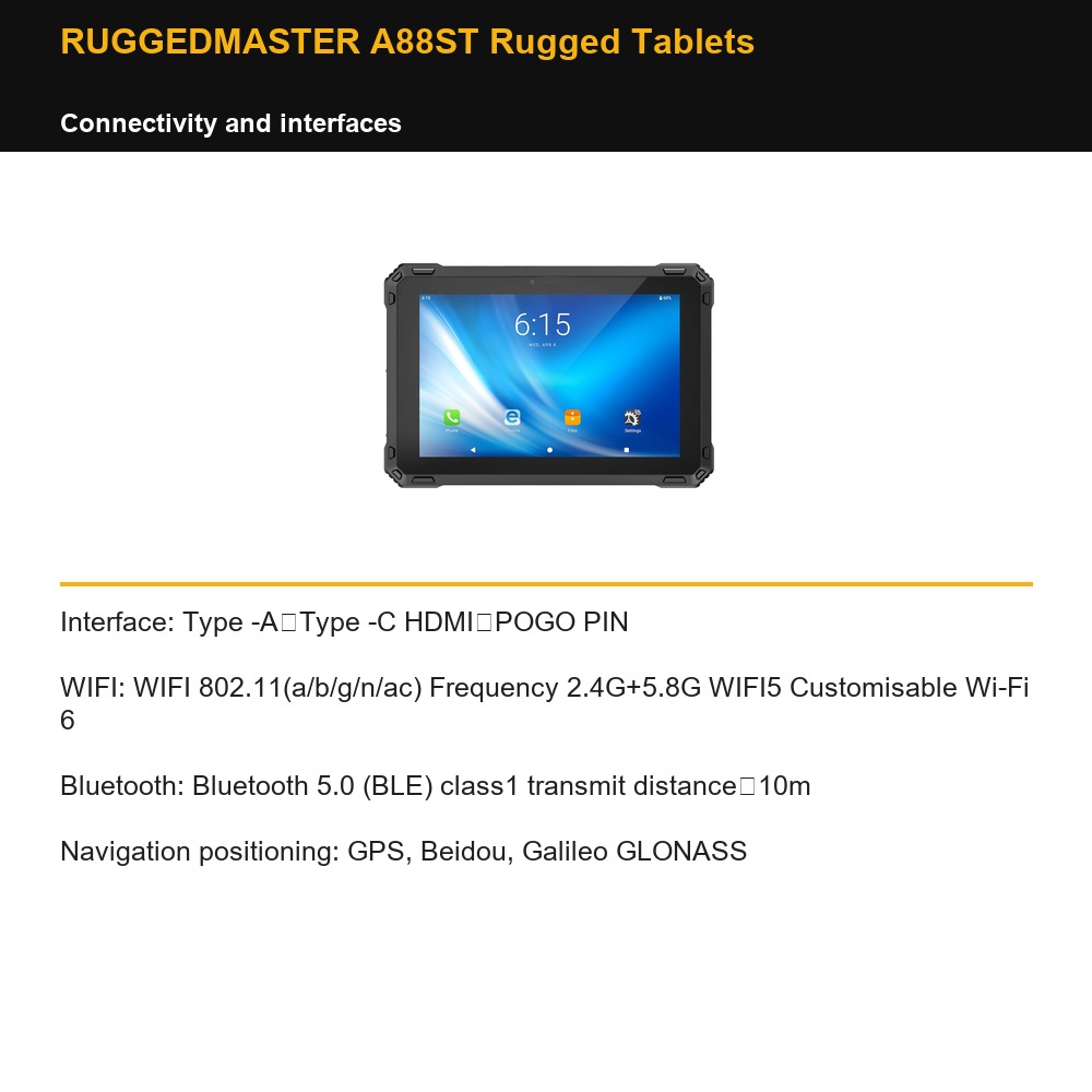 RUGGEDMASTER A88ST Rugged Tablets connectivity and interfaces