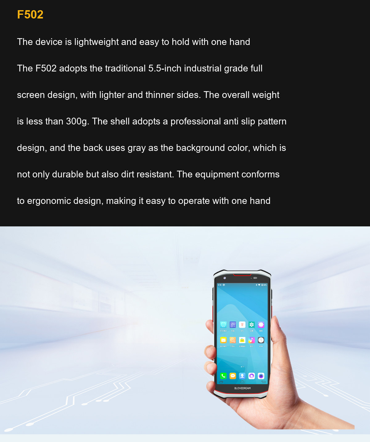 F502 The device is lightweight and easy to hold with one hand