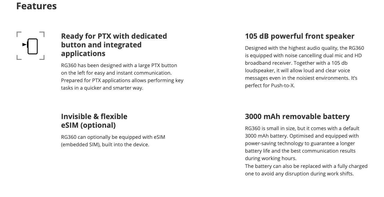 RUGGEDMASTER RG360 Rugged Phones combined feature icons and text