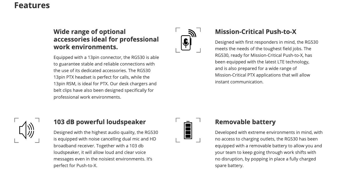 RUGGEDMASTER RG530 Rugged Phones combined feature icons and text