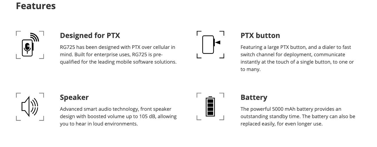 RUGGEDMASTER RG725 Rugged Phones combined feature icons and text
