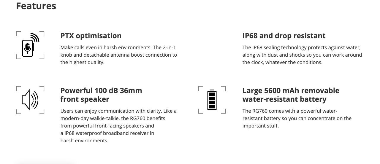 RUGGEDMASTER RG760 Rugged Phones combined feature icons and text