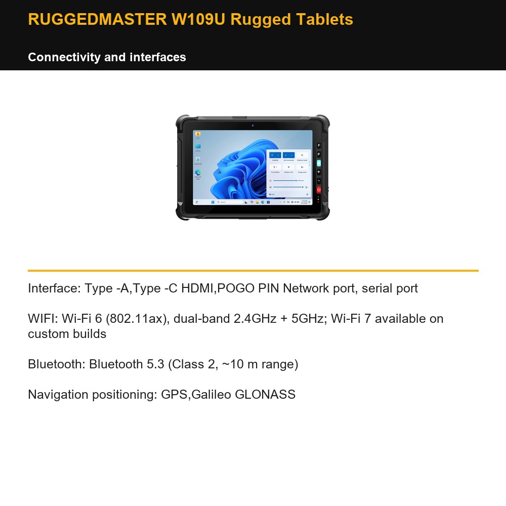 RUGGEDMASTER W109U Rugged Tablets connectivity and interfaces