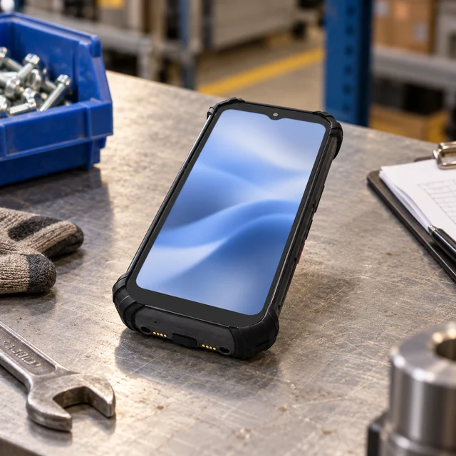Windows Mobile Computers in a representative mobile industrial terminal on a factory workbench with a neutral generic screen setting