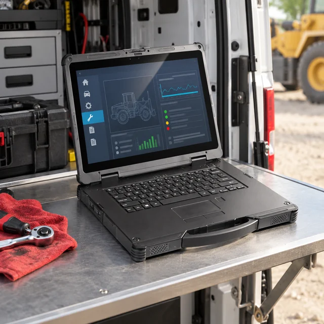 Windows Rugged Laptops in a representative an open rugged notebook on a maintenance vehicle fold-out service table with a generic diagnostics screen setting