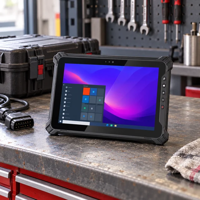 Windows Rugged Tablets in a representative reinforced work tablet on an industrial service bench beside a diagnostic cable and a closed tool case setting