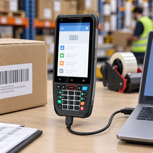 Wired Barcode Scanners in a representative wired scanner connected by one neatly routed USB cable at a warehouse packing workstation setting