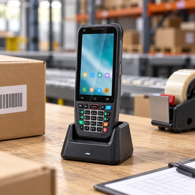 Wireless Barcode Scanners in a representative cordless scanner beside its charging base at a distribution center packing table setting
